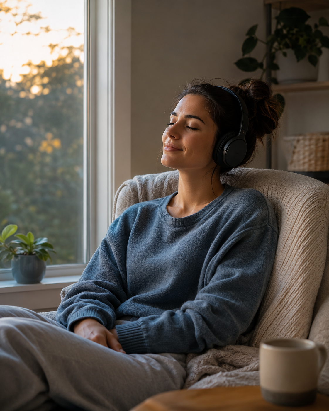 Persona descansando junto a una ventana mientras escucha audios con auriculares
