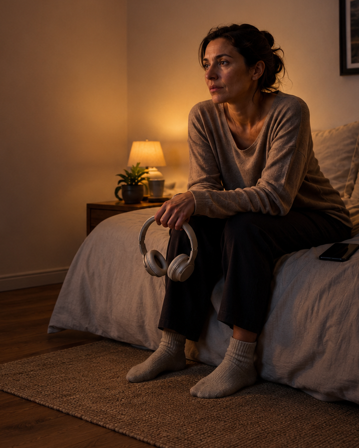Mujer descansando en su casa con auriculares.